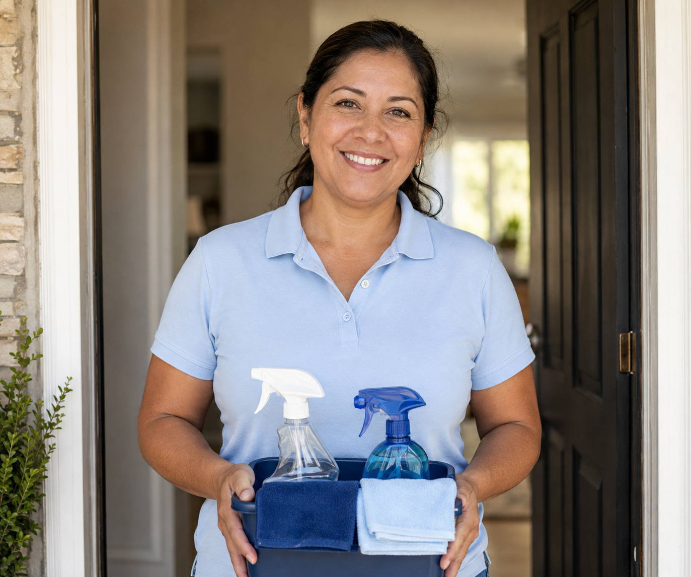 AI illustration of a smiling cleaning-service owner holding her cleaning supplies