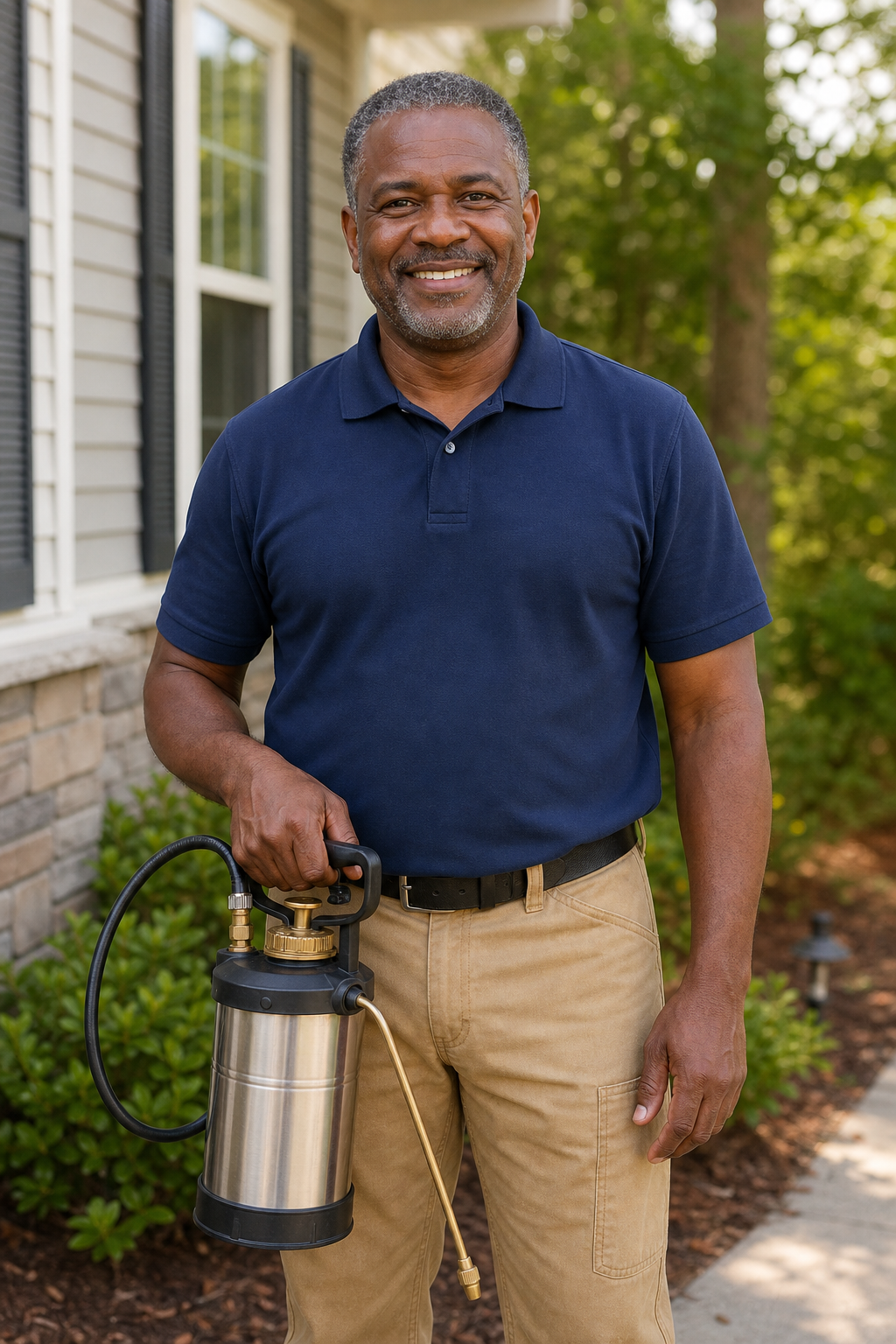 AI illustration of a smiling pest-control owner with a pump sprayer outside a home
