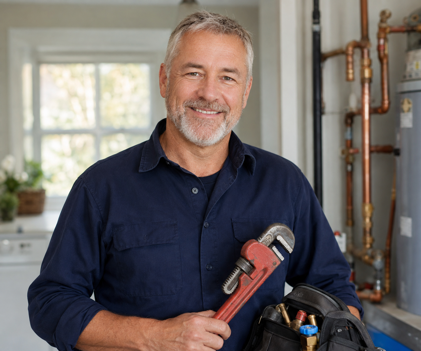 AI illustration of a smiling plumber with a pipe wrench and tool bag