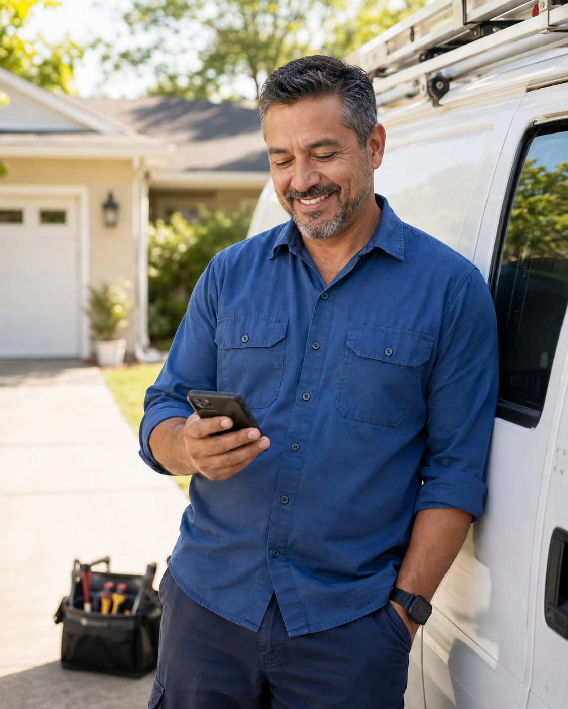 AI-created illustration of a smiling service-business owner checking his phone beside his work van