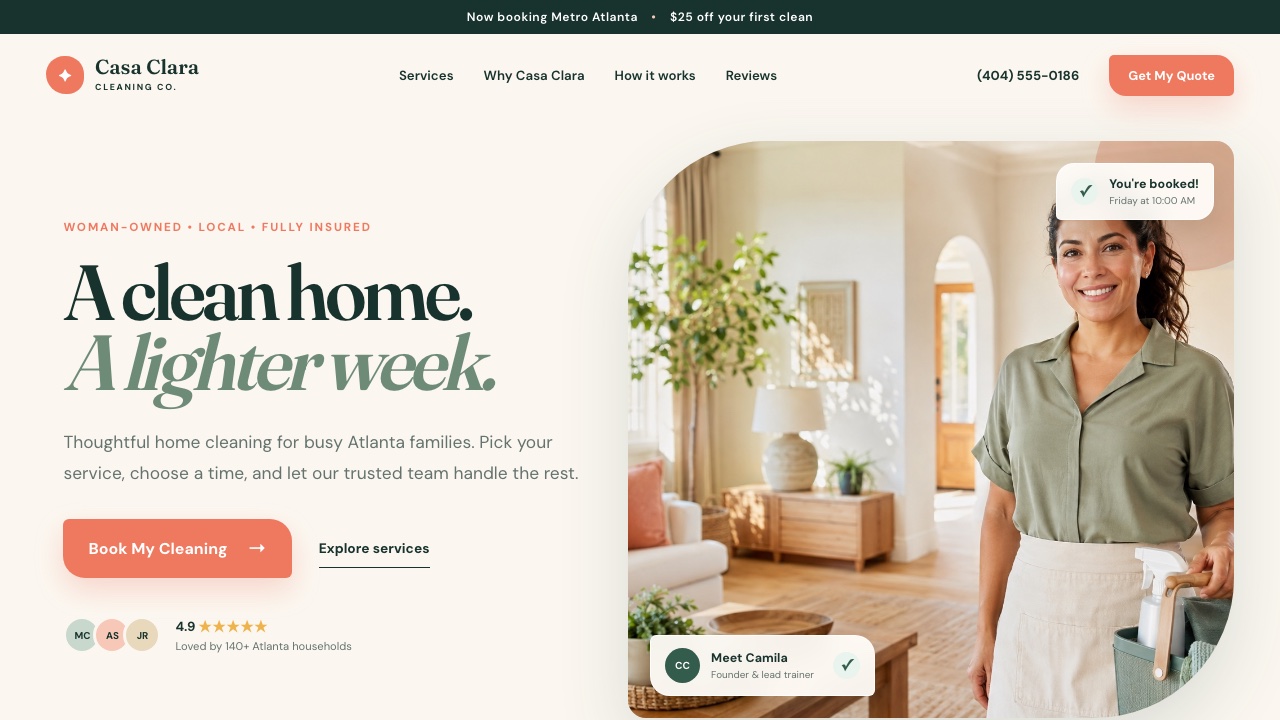 Casa Clara cleaning-service demo website with warm colors and a distinct editorial layout
