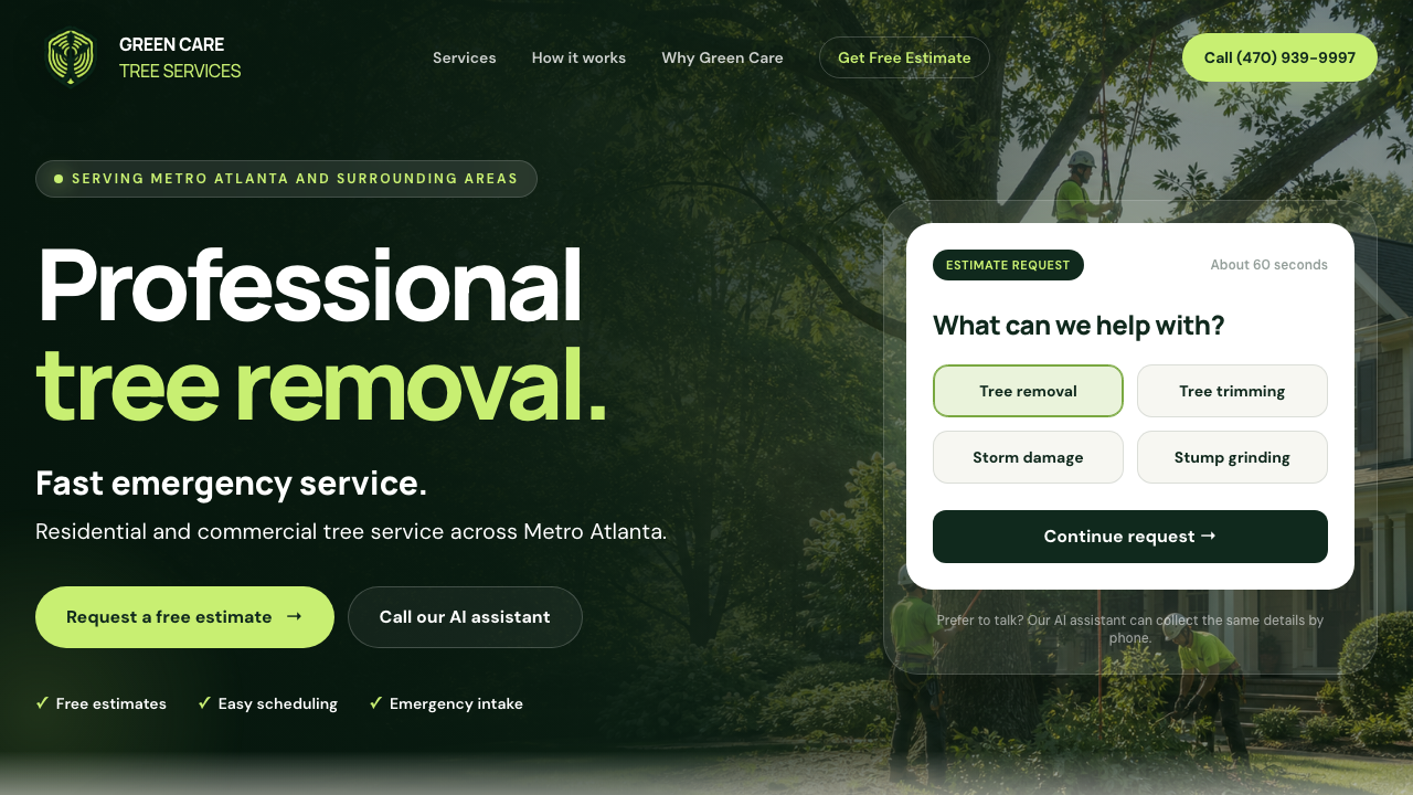Green Care tree-service demo website with a straight, fully loaded quote form