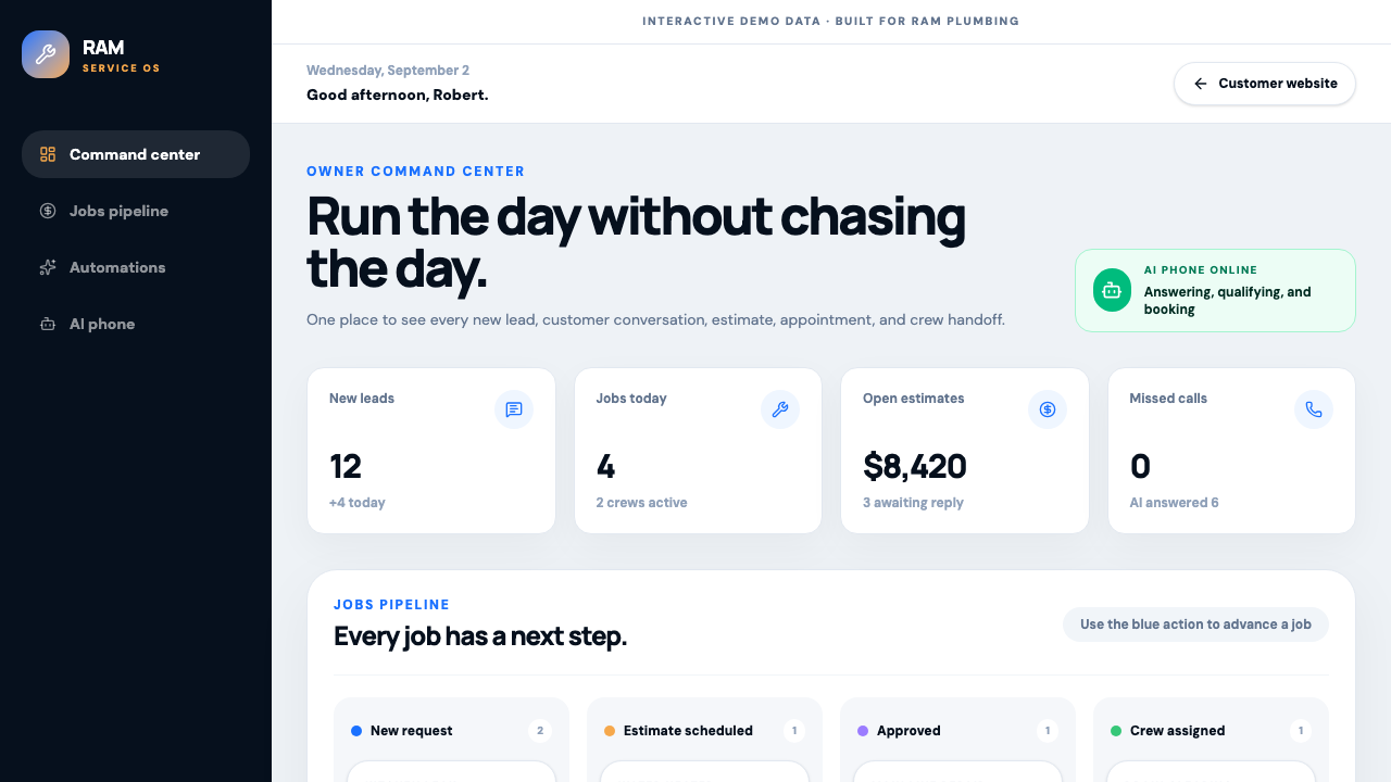 Desktop demo showing customer requests, estimates, and upcoming jobs