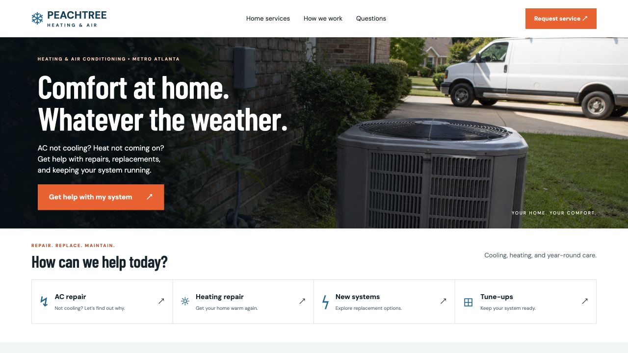 Peachtree Heating and Air website with outdoor AC unit, service van and repair options below a short full-width hero