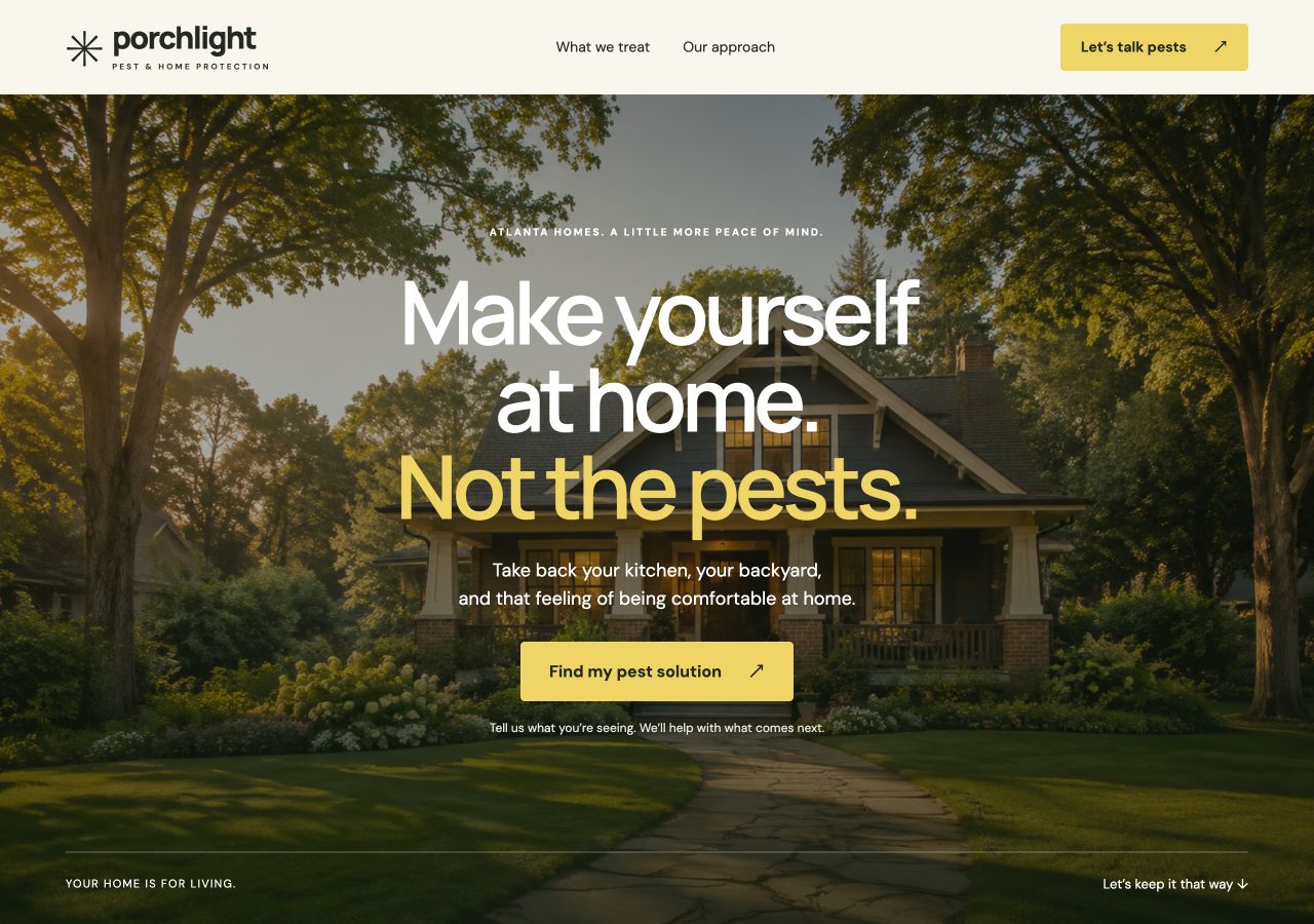 Porchlight Pest website with a full-width home photograph, centered headline and yellow call to action