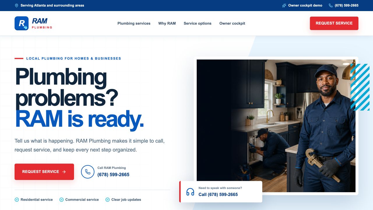 RAM Plumbing demo website with bold blue and red design and service request buttons